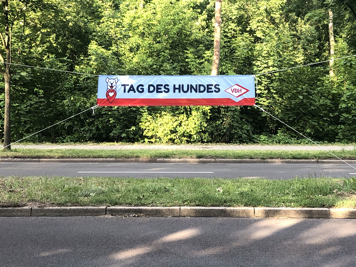 Tag des Hundes - Banner an der B96a als Wegweiser den Weg zum Hundeplatz